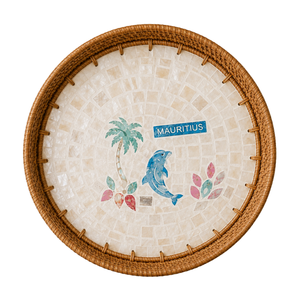 Exquisite Round Rattan Mother of Pearl Dolphin Serving <b>Tray</b> Elegant Coffee <b>Table</b> Beverage Storage Platter Wholesale - Product Image 1