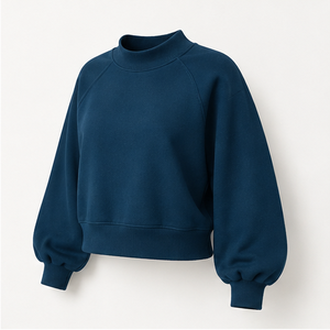 Custom Dark Teal Womens Cropped Mock Neck Sweatshirt <b>Balloon</b> Sleeve Ribbed Hem Casual Pullover WSS-0026 - Product Image 5