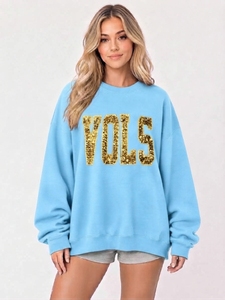 Women's Oversized <b>Pink</b> <b>Sweatshirt</b> With Glitter VOLS Sequined Front Crew Neck Full Sleeve Knitted Cotton Autumn Wear - Product Image 6