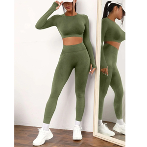 Seamless Yoga Two Piece <b>Set</b> High Waist Ribbed Leggings Full Length Long Sleeve Crop Top Solid <b>Green</b> Activewear <b>Gym</b> Wear - Product Image 3