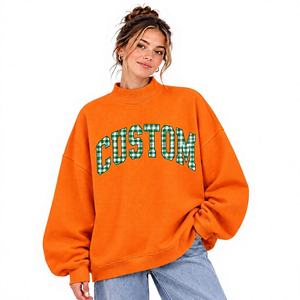 Sweat-shirt bleu pour femme à col montant, imprimé lettres vertes, épaules tombantes, manches longues, avec logo appliqué à carreaux vichy - Product Image 5