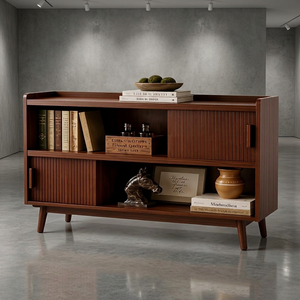 Armoire de rangement en bois de style mid-century modern avec étagères ouvertes et portes pour le salon - Product Image 4