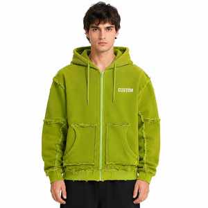 Custom Green Distressed Zip Up Hoodie Oversized Streetwear Raw Edge Panel <b>Pullover</b> Hoodies for <b>Men</b> OEM Wholesale Private Label - Product Image 1
