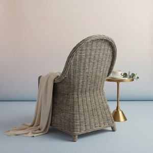 Handwoven Scandinavian Linen Upholstered Rattan <b>Dining</b> Chair Elegant Outdoor Wicker <b>Armchair</b> High Back Accent Cafe Garden - Product Image 3