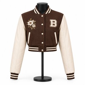 Custom <b>Women</b> Brown Varsity <b>Jacket</b> Flower Embroidery College Baseball <b>Jacket</b> Premium Streetwear Outerwear - Product Image 1