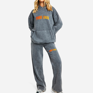 New Arrived Top Selling Womens Winter Tracksuit Heavyweight Acid <b>Washed</b> Embroidered Lace Vintage Solid 2 Piece Jogger Set High - Product Image 1