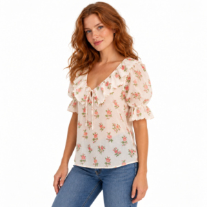 Blusa con estampado floral para mujer, cuello en V, cuello con volantes, manga abullonada, lazo frontal, top informal de verano - Product Image 2