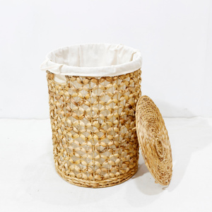 Panier de rangement en rotin naturel avec couvercle et poignées, forme ronde, style rustique, panier de rangement pour le linge - Product Image 2