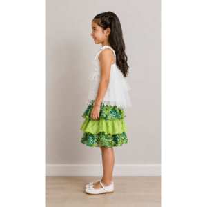 Top para niñas con falda de algodón, blanco y verde lima, sin mangas, totalmente bordado, poliéster - Product Image 3