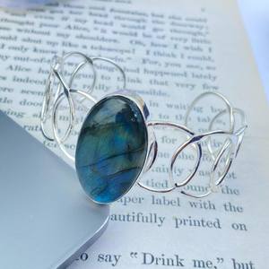 Natural Labradorite Cuff <b>Bangle</b> 925 Sterling Silver Adjustable Bracelet Handmade Gemstone Jewelry Gift For Her - Product Image 3