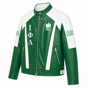 Custom Iota Phi Lambda Sorority Leather <b>jacket</b> green & <b>white</b> Embroidered logo Casual Style for female with polyester lining - Product Image 2