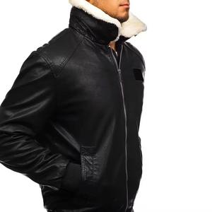 <b>Men's</b> Black PU <b>Leather</b> Bomber <b>Jacket</b> With <b>Faux</b> Fur Collar Zipper Closure Winter Warm Moto Style Regular Fit - Product Image 3