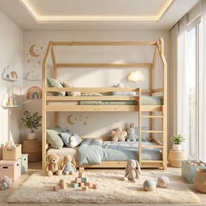 Twin Size <b>Wooden</b> House Shape <b>Bunk</b> <b>Bed</b> <b>Solid</b> Wood Frame Scandinavian Design Fabric Upholstery Child Furniture - Product Image 1
