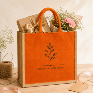 Orange Recycled Jute Shopping <b>Bag</b> with Leaf Design Silk Screen <b>Medium</b> <b>Size</b> Hand Carry Wedding Grocery Tote - Product Image 5