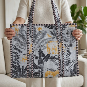 Sac fourre-tout matelassé à imprimé animalier jungle personnalisé, sac à main en fibre de coton naturel avec passepoil contrastant, sac de plage écologique - Product Image 4