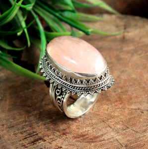 Bague en quartz rose naturel, argent sterling 925, faite à la main, grande bague ovale en quartz rose, style vintage, filigrane, bijoux bohèmes - Product Image 3