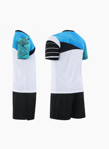 Ensemble uniforme de tennis pour hommes, blanc et bleu, imprimé géométrique, manches courtes, col en V, vêtements de sport en polyester anti-humidité pour adultes - Product Image 5