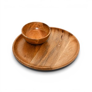 Handcrafted Wooden Round Serving Tray with Bowl | Wooden Chip and Dip <b>Platter</b> Set | Round Snack Serving Plate - Product Image 2