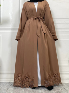 Conjunto de Vestido Abaya Musulmán Elegante y Modesto de Alta Calidad para Mujer, Abaya Abierta Bordada a Mano, Color Sólido Dibujado a Mano - Product Image 2