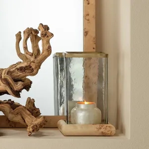 Portavelas Cuadrado de Vidrio con Borde Dorado y Base de Aspecto Natural para Exhibición de Velas de Pilar, Decoración de Mesa y Hogar Estilo Boho - Product Image 3