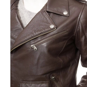 Women's Genuine Cowhide Leather Moto Jacket With Zipper Closure Stand Collar Full Sleeve Autumn Style - Product Image 4
