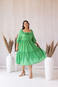 Robe midi à volants imprimée à pois verts, manches trois quarts, coupe trapèze en mousseline, décontractée, coupe ample, pour femme, idéale pour l'été - Product Image 2