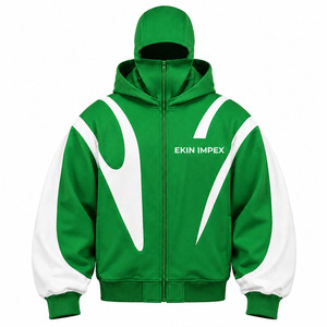 Sweat à capuche premium vert et blanc abstrait avec fermeture éclair |   Sweat à capuche streetwear avec masque intégré |   Vêtements d'extérieur unisexes tendance avec masque intégré - Product Image 1