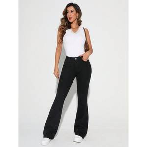 Elegantes y Modernos Jeans de Mezclilla Negros para Mujer, Corte de Campana, Cintura Alta, Elásticos, Estilo Urbano, Tallas 26 a 40 - Product Image 5