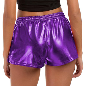 Purple Satin Shorts With Drawstring Waist And Pockets Sporty Style Women's Mid Rise Short <b>Pants</b> - Product Image 3