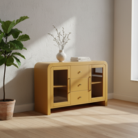 Buffet de salon avec trois tiroirs centraux et deux portes vitrées latérales, design écologique, garantie 1 an