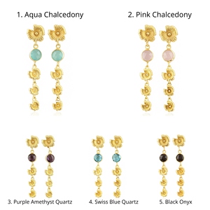 Designer jewelry round cut hydro quartz chalcedony gemstone dangler earring brass 18k gold plated flower <b>drop</b> statement earrings - Product Image 1