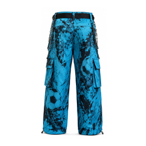 Pantalones Cargo Anchos para Hombre con Estampado de Balón de Fútbol Azul Cian, con Cinturón de Cadena y Cordón Ajustable, Estilo Gótico Punk - Product Image 4