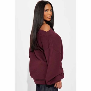 Sweat-shirt oversize pour femme, couleur bordeaux, épaules tombantes, avec poches, design asymétrique, col rond, tricot en coton, vêtements d'automne - Product Image 6