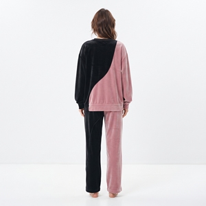 Women's Color Blocking <b>Velvet</b> <b>Tracksuit</b> Set Crew Neck Full Sleeve Elastic Waist Loose Fit Winter Loungewear - Product Image 6