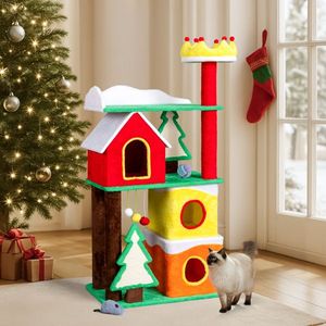 56in Christmas Themed Plush Cat Tree Multi-Level Cat Tower with Top Crown Perch & Sisal Ramp Scratching Posts Large Cat Condos - Product Image 6