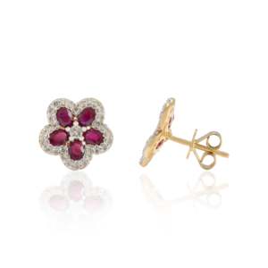 18K Solid Gold Ruby Cherry Blossom Flower Earrings with Diamond and Pearl Accents - Product Image 6