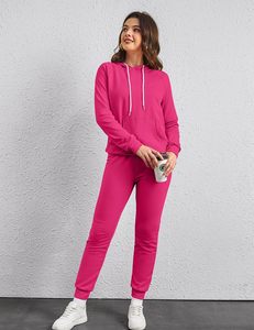 Ensemble de survêtement rose à capuche pour femme, manches longues, couleur unie, sweat-shirt et pantalon décontractés avec poches latérales, polyester respirant - Product Image 6