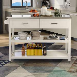 Carrello da Cucina con Piano in Acciaio Inossidabile Bianco e Due Cassetti, Prodotto per Isole e Carrelli da Cucina - Product Image 1