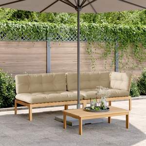 Conjunto de sofás de palets de madera maciza de acacia y poliéster en color beige natural para jardín - Product Image 1