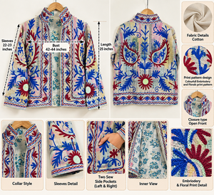 Veste en coton Suzani, style floral, manteau bohème, vêtements de créateur, veste brodée, faite à la main, couleur grise, manteau pour femme - Product Image 3