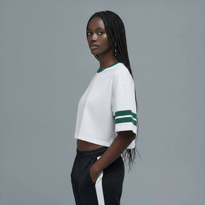 Customized Women's White <b>Crop</b> <b>Top</b> With Green Trim And <b>Red</b> Logo Print Crew Neck Short Sleeve Loose Fit Casual Spring Summer Wear - Product Image 6