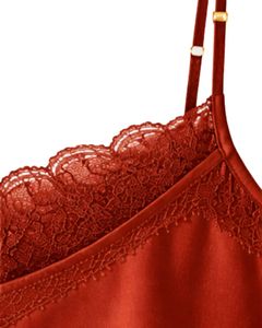 Conjunto de Camiseta y Pantalones Cortos de Encaje Satinado Color Naranja Óxido, Conjunto de Pijama para Mujer, Ropa de Dormir Sexy, Ropa de Dormir de Seda Suave, Conjunto de Dos Piezas para Verano - Product Image 6