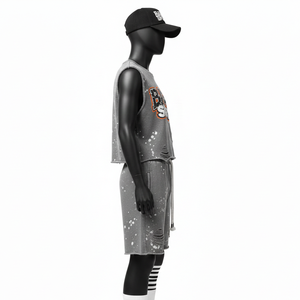 Conjunto Corto sin Mangas para Mujer, 100% Algodón, Felpa Rica en Algodón, Gris, Estampado con Efecto Desgastado, Impresión Serigrafiada, Logotipo Personalizado - Product Image 2