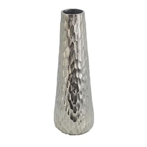 Vase de table moderne en métal architectural, fait main, finition argentée, 39 cm de hauteur, texture géométrique, décoration - Product Image 1