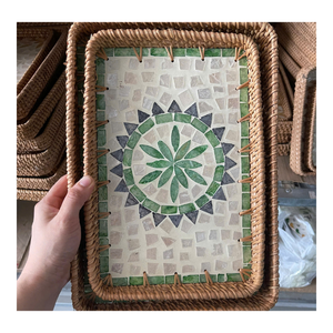 Premium Eco-Friendly Durable Rattan Woven <b>Tray</b> with Mother Pearl Inlay Handmade Fruit <b>Storage</b> <b>Tray</b> for Elegant Home Decoration - Product Image 3