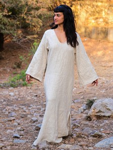 Handcrafted Off-White Pure Linen Kaftan <b>Maxi</b> Dress with Deep V-Neck and Flowing Bell Sleeves for Women - Product Image 2