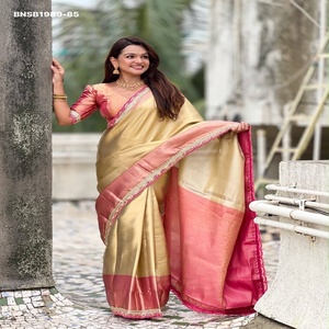 Sari en soie douce pour les fêtes avec bordure festonnée, orné de cordons, de sequins et de broderies, et chemisier en brocart – Fournisseur de Surat - Product Image 1