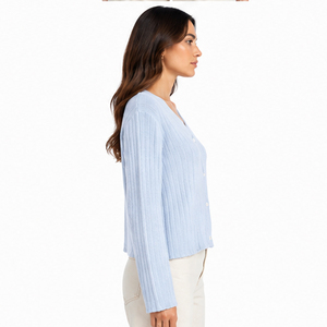 Cardigan en tricot côtelé bleu clair à col en V pour femme, manches longues, couleur unie, boutons sur le devant, pull décontracté, cardigans pour femmes - Product Image 5