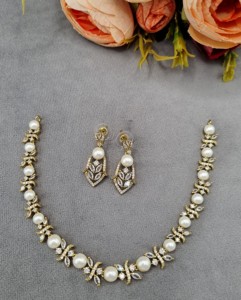 Pearl Studded American Diamond Collar Necklace <b>Set</b> With Earrings Marquise Cut Stone Antique <b>Gold</b> Plated <b>Jewellery</b> <b>Set</b> Wholesaler - Product Image 2