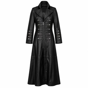 Men's Black Gothic <b>Leather</b> <b>Long</b> <b>Coat</b> Full Length Victorian Style <b>Trench</b> <b>Coat</b> with Decorative Silver Buttons Front Zipper Coutom - Product Image 1
